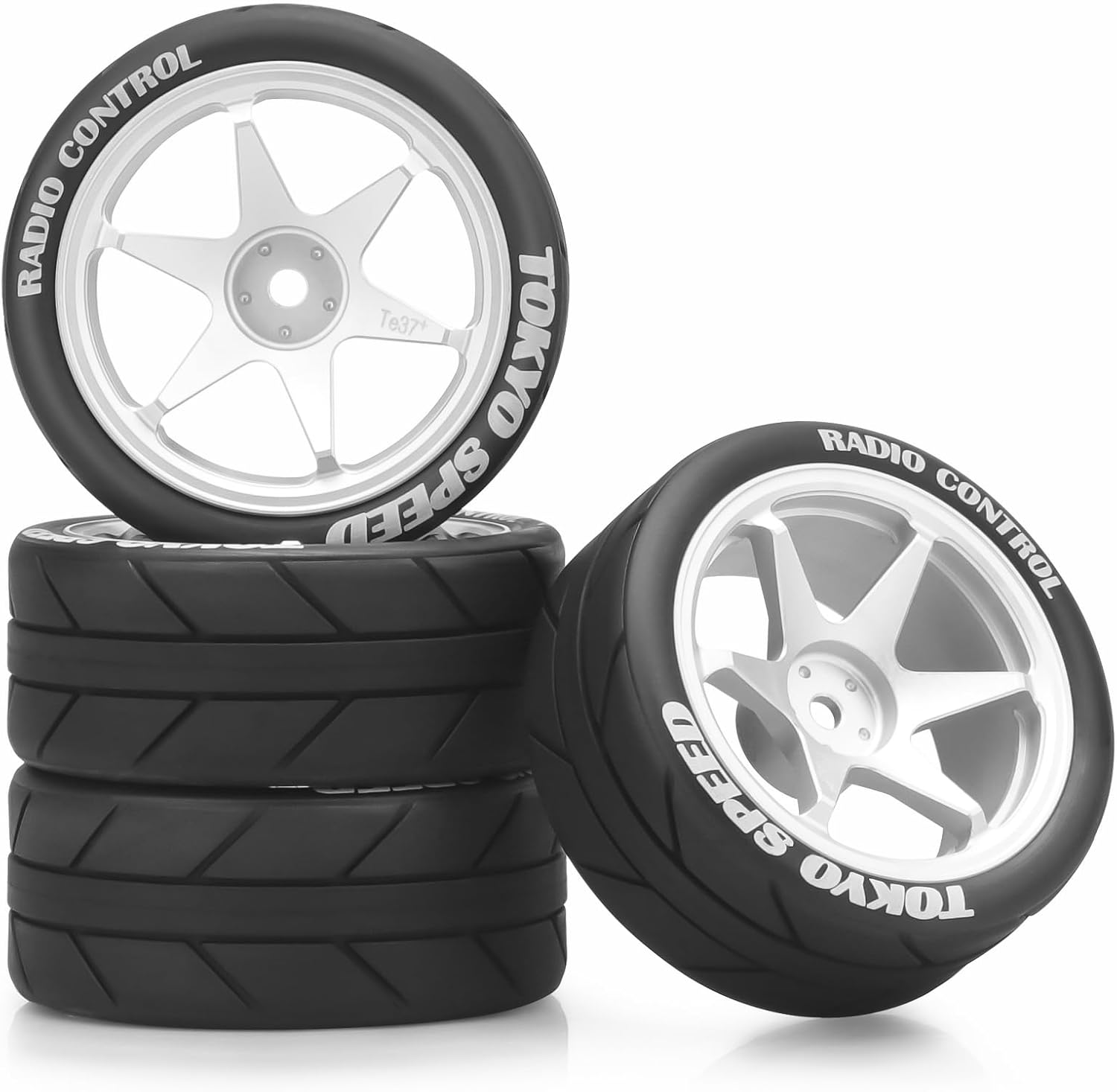 1/10 RC On Road Tires and Aluminum Wheels, daitoku 12mm Hex RC Rally Racing Car Tires for Tamiya TT01 TT02 XV01 TA06 A959 PTG2 HPI KYOSHO PTG2 Traxxas - Style B (Silver)