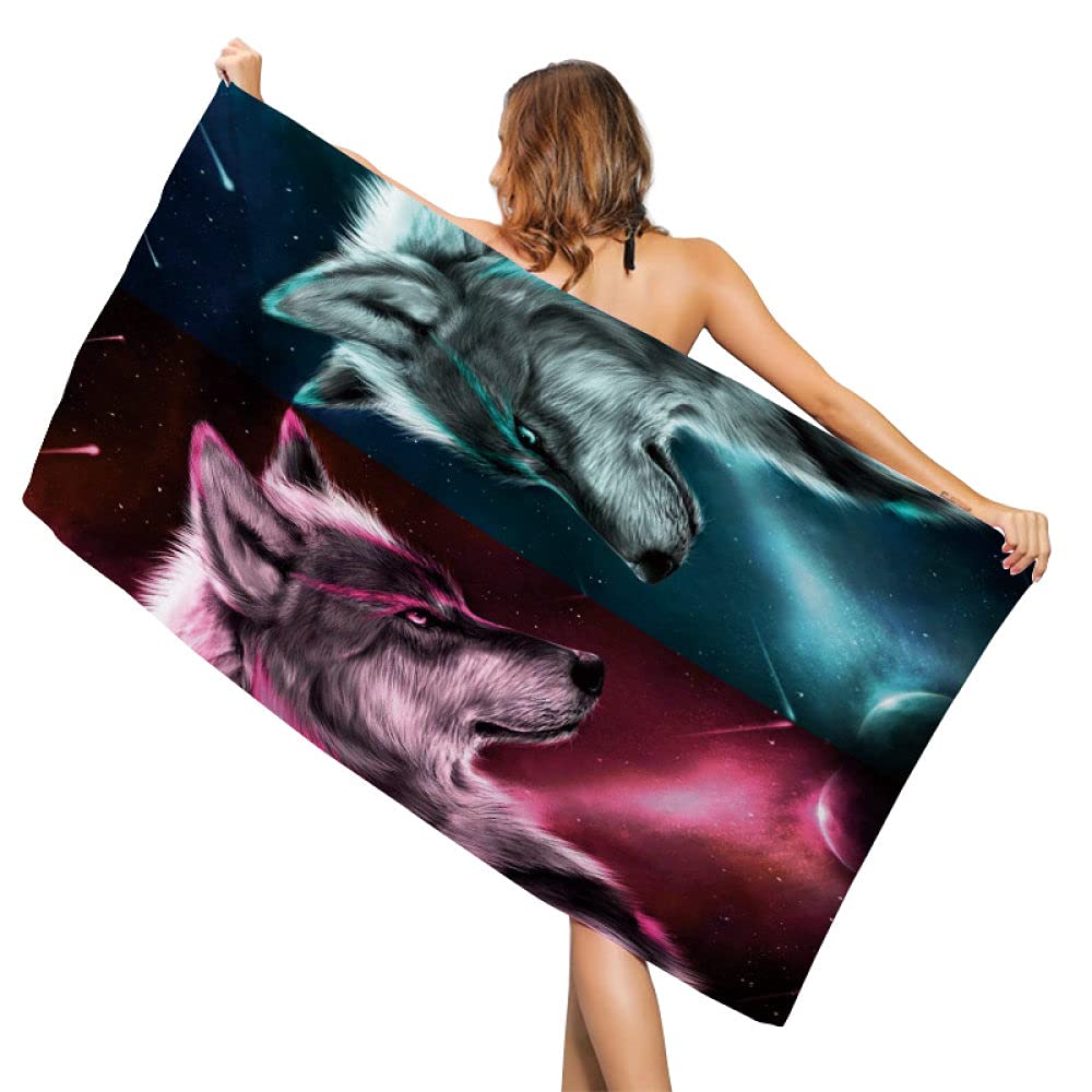 Beach Towel Microfiber,Animal Quick Dry Travel Beach Towel,Two Wolves Duel,Highly Absorbent Soft Lightweight Compact Sand Free Towel,Camping Swimming Yoga Sports Gym Beach Holiday Bath,140*70Cm