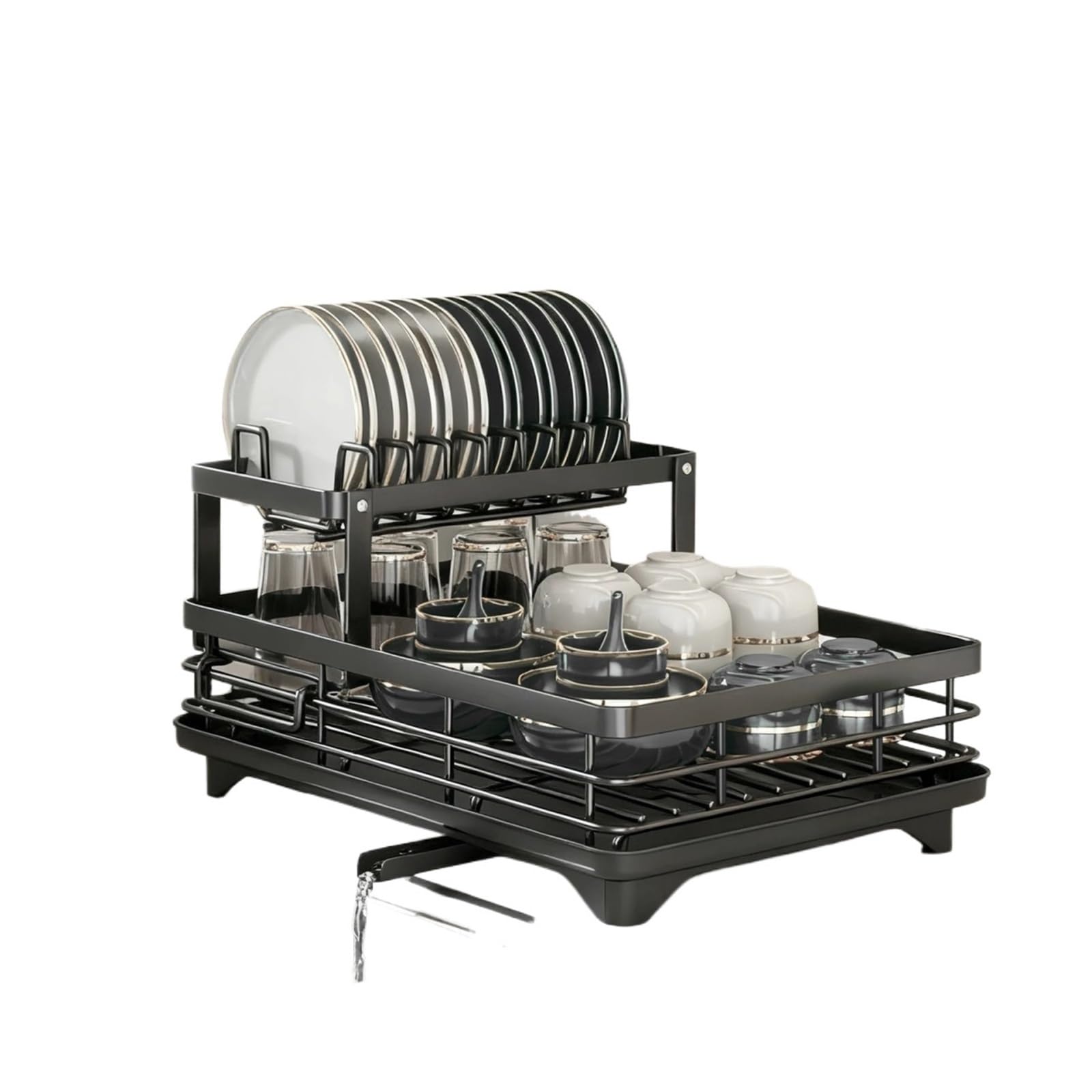 DSFVERVD Drain rack 2-layer dish drain rack is suitable for kitchen countertop metal with knife cup tableware with, glass(D2)