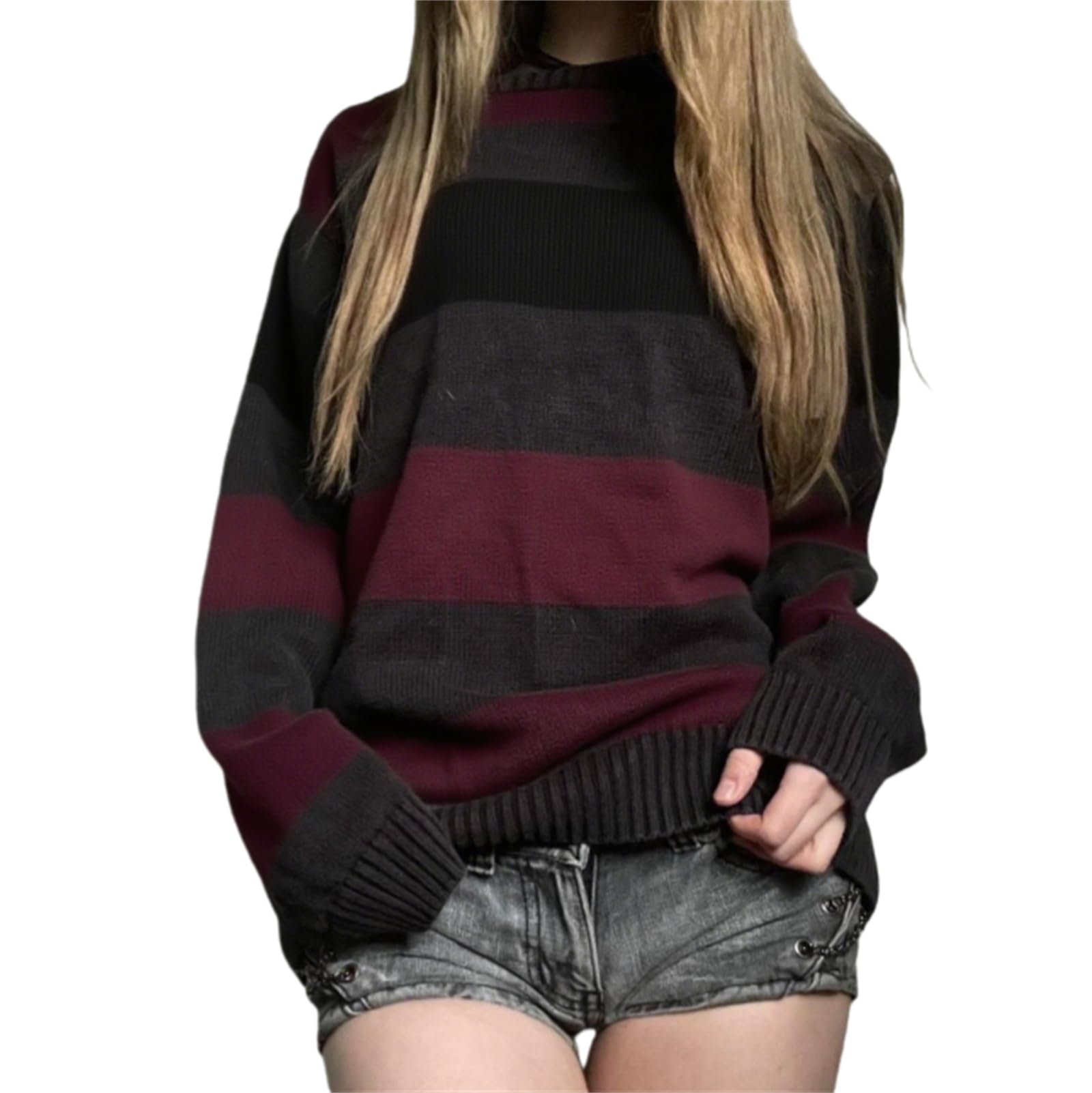Womens Vintage Striped Pullover Sweater Fairy Grunge Crew Neck Chunky Knit Jumper Long Sleeve Trendy Sweaters