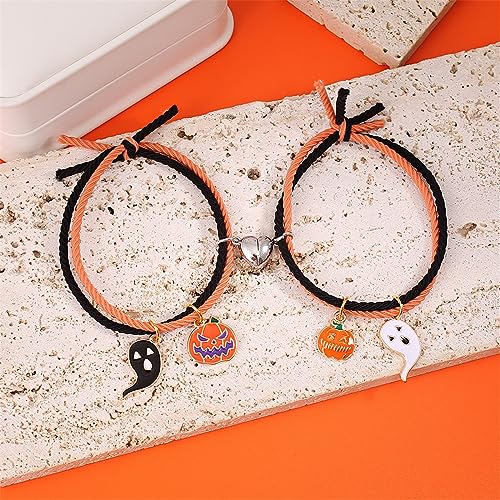 Image of Caiyao 2Pcs Love Heart Couple Matching Ghost Pumpkin Bracelet Set Adjustable Braide Rope Halloween Mummy Cat Hat Wizard Bracelet for Boyfriend Girlfriend Lover Friend Friendship Jewelry-S ghost-4