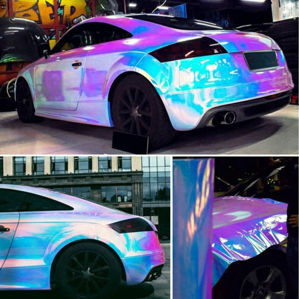 Holographic Rainbow Chrome Car Adhesive Vinyl Wrap Gloss Decal Sticker Film Sheet Air Bubble Free DIY Vinyl for Full Car Wraps (White, 59ft x 4.5ft)
