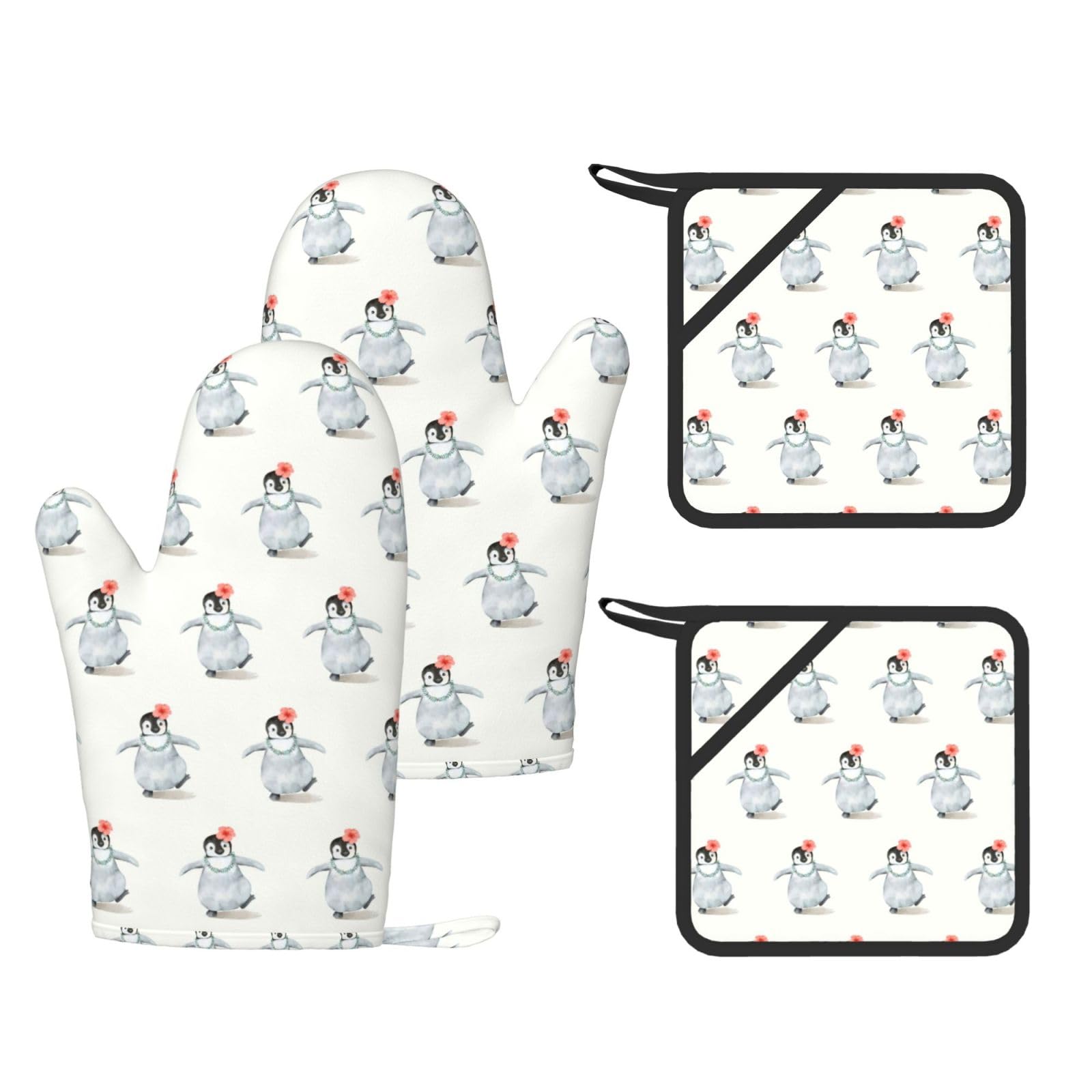 Penguin Wearing Flowers Printed Potholder and Oven Mitt Set of 4, High Heat Resistant Cooking Gloves for BBQ Grilling