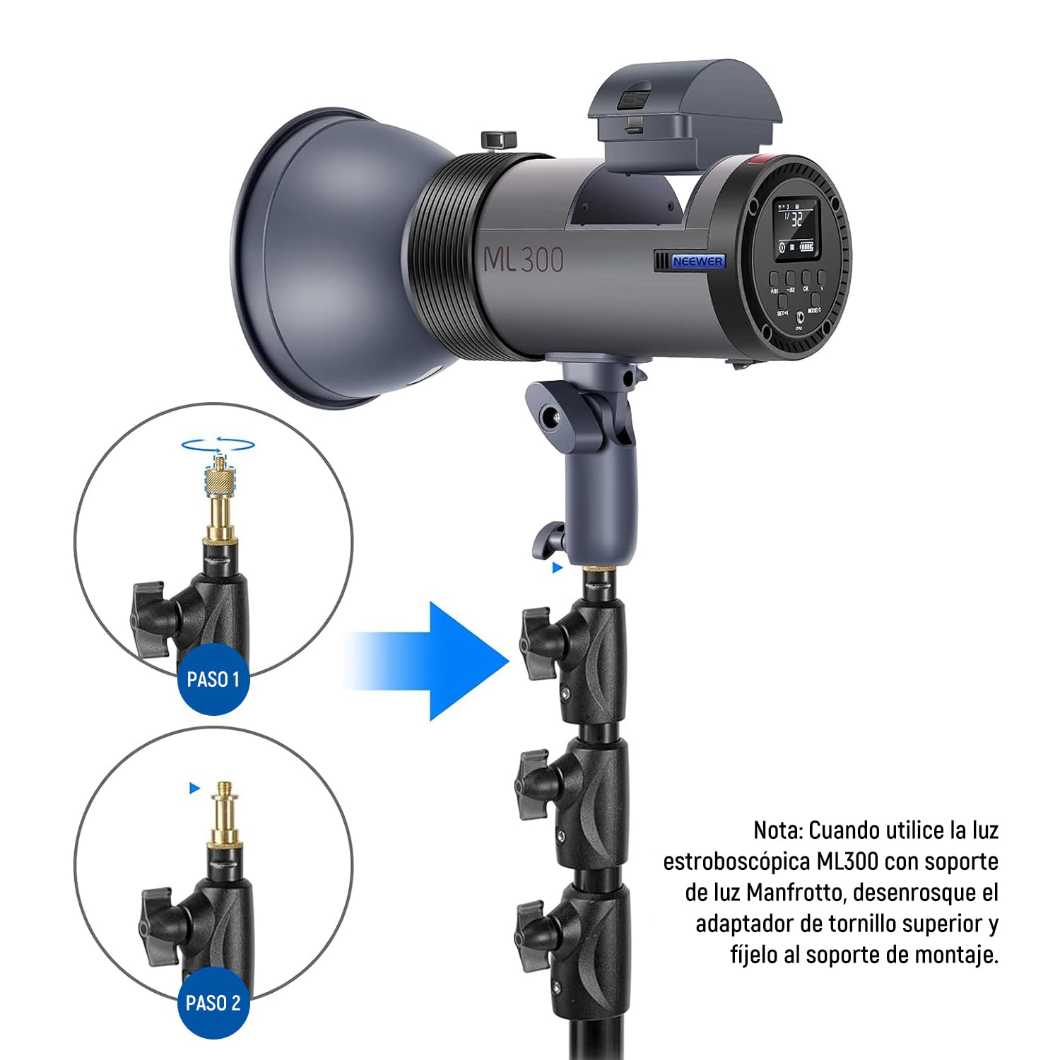 NEEWER ML300 300W GN60 Flash Strobe para Estudio al Aire Libre Alimentado por batería Li-Ion Monolight inalámbrico con 2,4G Disparador inalámbrico, 1000 Flashes de Plena Potencia, Reciclar en 0,4-2,5