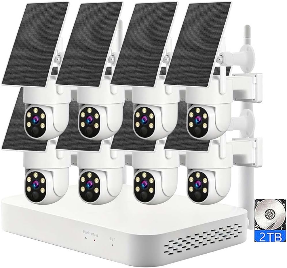 AKAVIG Outdoor 8CH 4MP Solar Powered Security Camera Kit with 2T Hard Disk, Wireless WiFi Surveillance Cameras System with Two-Way Audio, Color Night Vision, Motion Detection