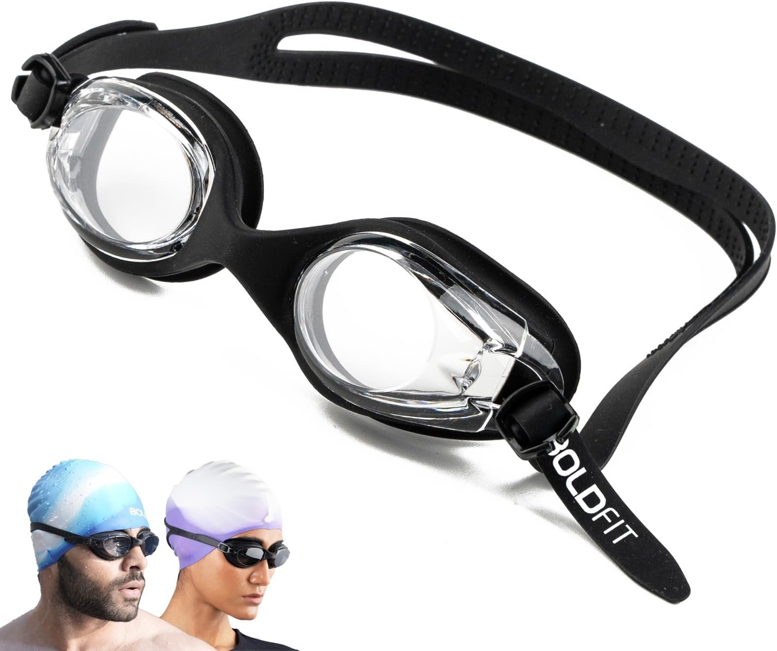 Boldfit Swimming Goggles for Men & Women with Adjustable Strap, Air Tight, for Adults - Black, Silicone, Polycarbonate