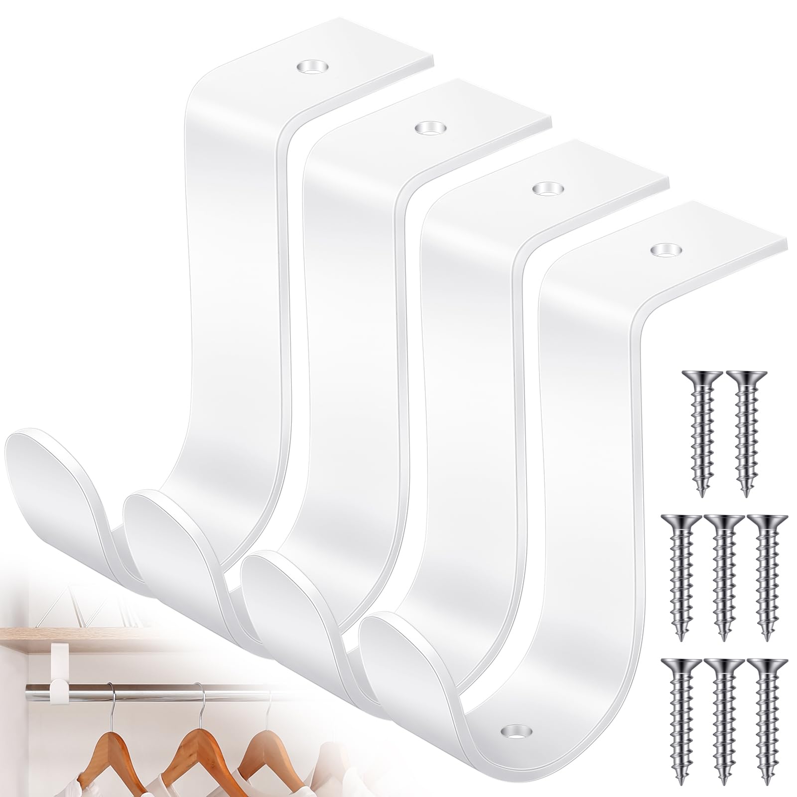 Hicarer 4 Pcs Closet Rod Bracket 1.38 Inch Metal, White