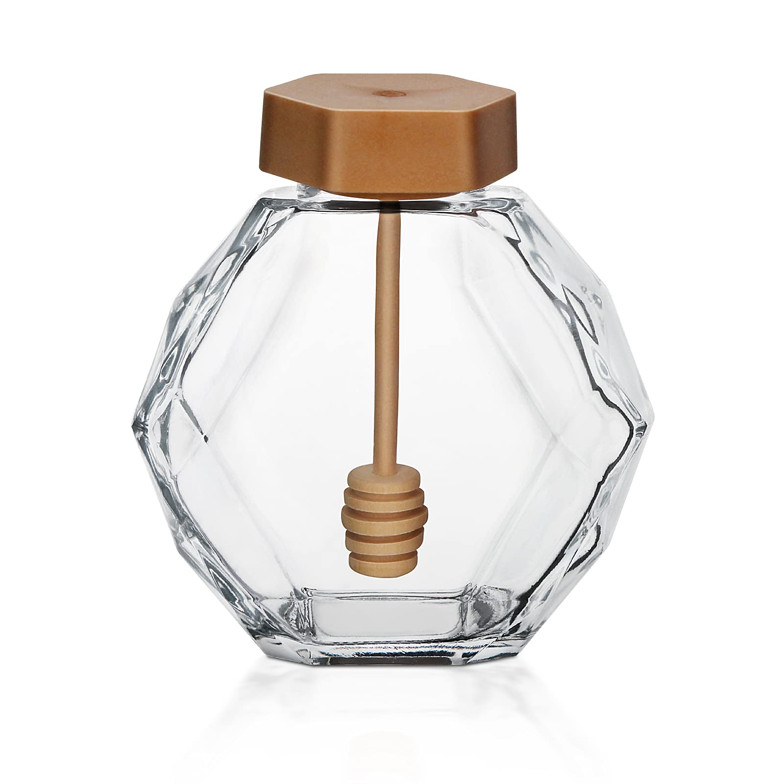 BfttlityHoney Pot Jar Hexagon Shape Honey Pot Container 380ml Glass Honey Jar with Dipper and Lid Cover for Home Kitchen (Polymer lid)