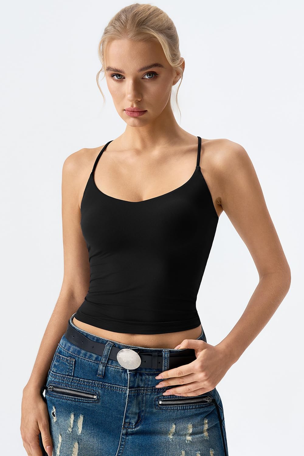 QINSEN Womens Cross Back Tank Top V Neck Double Lined Camisole Top Sleeveless Spaghetti Strap Going Out Tops - Image 4