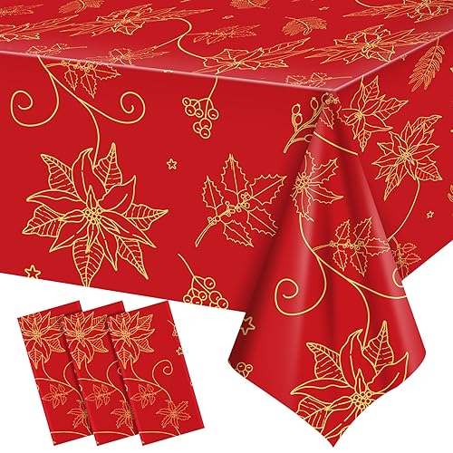 3 Pcs Red Christmas Tablecloths 54 x 108 Inch Gold Flower Poinsettia Bronzing Table Covers Disposable Christmas Rectangle Table Cloth for Xmas Holiday Kitchen Dining Table Decor