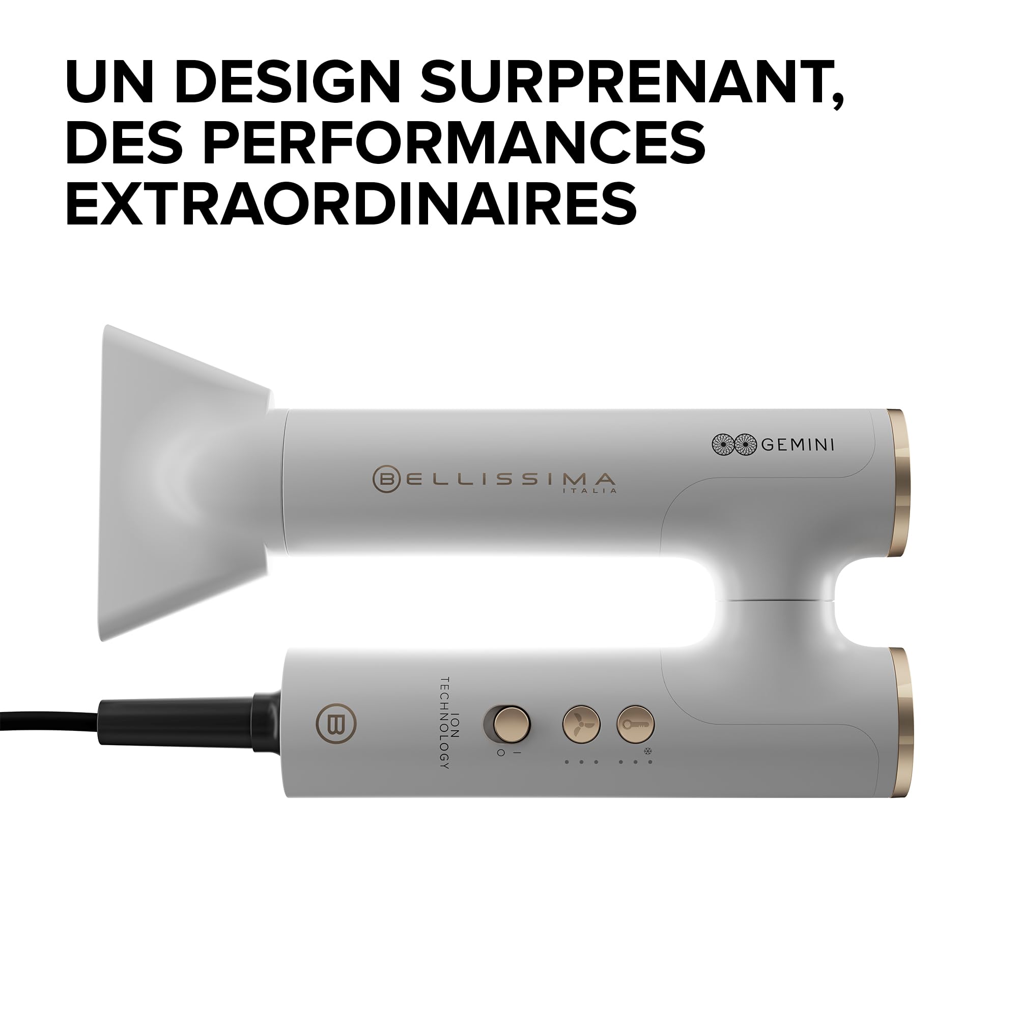 Bellissima sèche-cheveux Gemini, ultra-léger, compact, poignée rotative, moteur digital, flux d'air ultra-puissant, ioniseur, 2 concentrateurs plus diffuseur, 3 vitesses Plus 3 températures