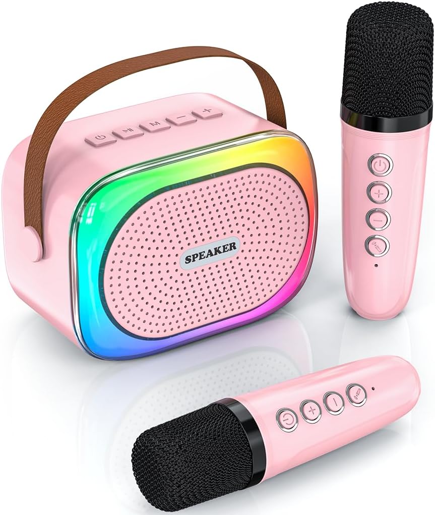 Mini Karaoke Machine for Kids Girls Boys Ages 3-12, Portable Bluetooth Speaker Car Karaoke with 2 Wireless Microphones with Voice Changing & LED Lights, TOP Birthday for Teen Child