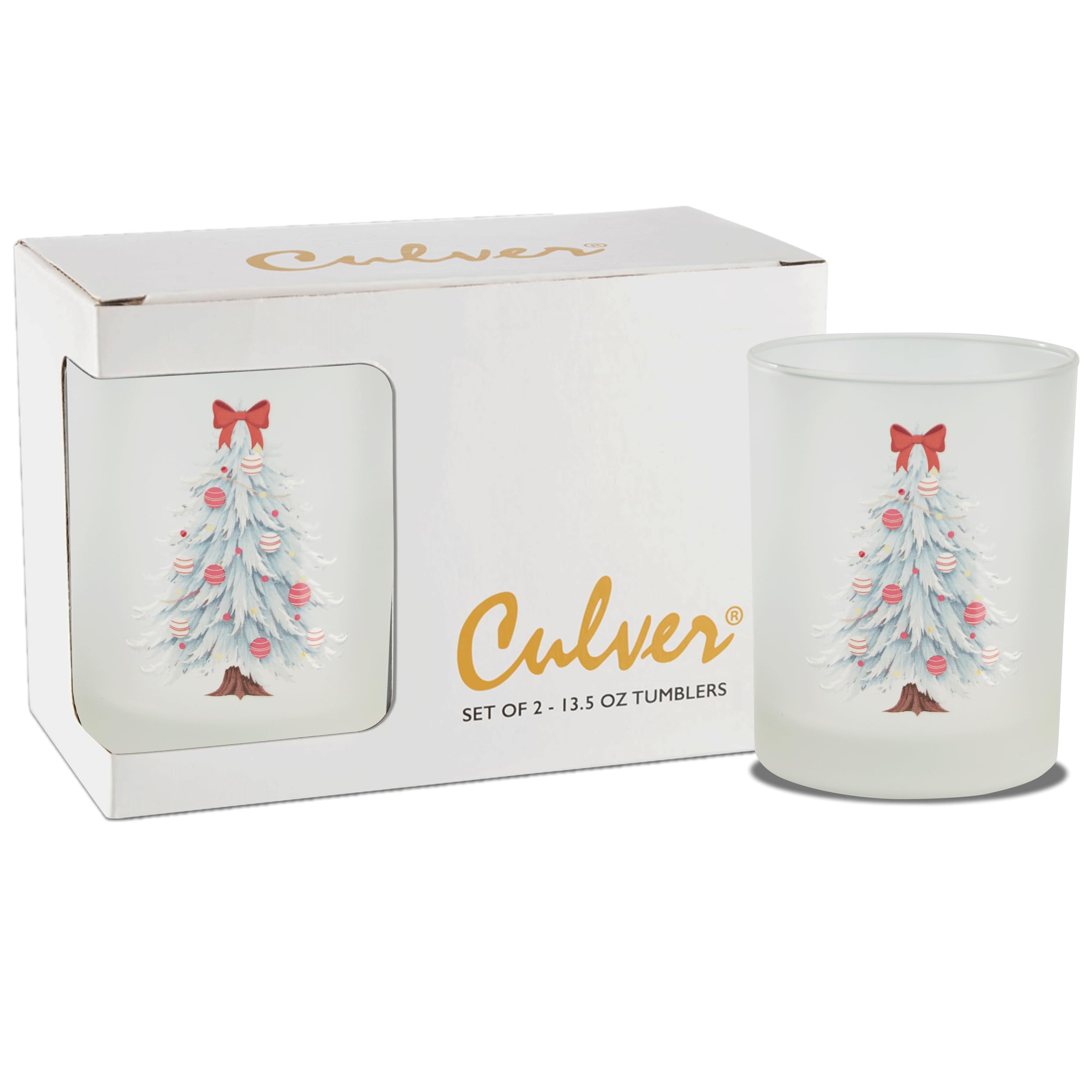 Culver Holiday Decorated Frosted DOF Double Old Fashioned Glass, 13.5-Ounce, Gift Boxed Set of 2 (Flock-Mas)