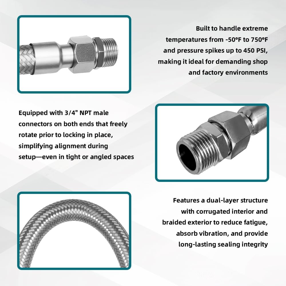 3/4" NPT Compressor Jumper Hose 20", 304 Stainless Steel Double-Layer Flex Hose, 450 PSI & 750°F Rated, Rotating Swivel Fittings, Heavy-Duty Industrial Air Line Connector with Adapters