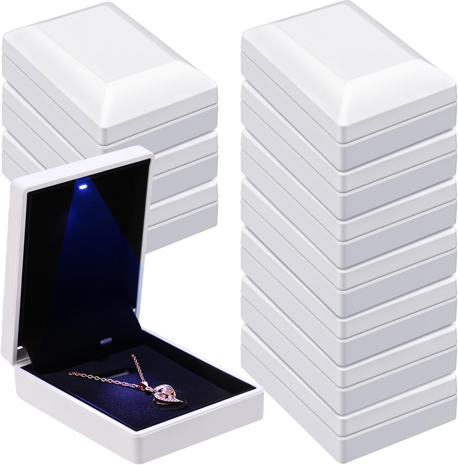 Landical 10 Pcs Pendant Necklace Box with LED Light Velvet Necklace Case for Pendant Bracelet Ring Earring, Jewelry Storage(White)