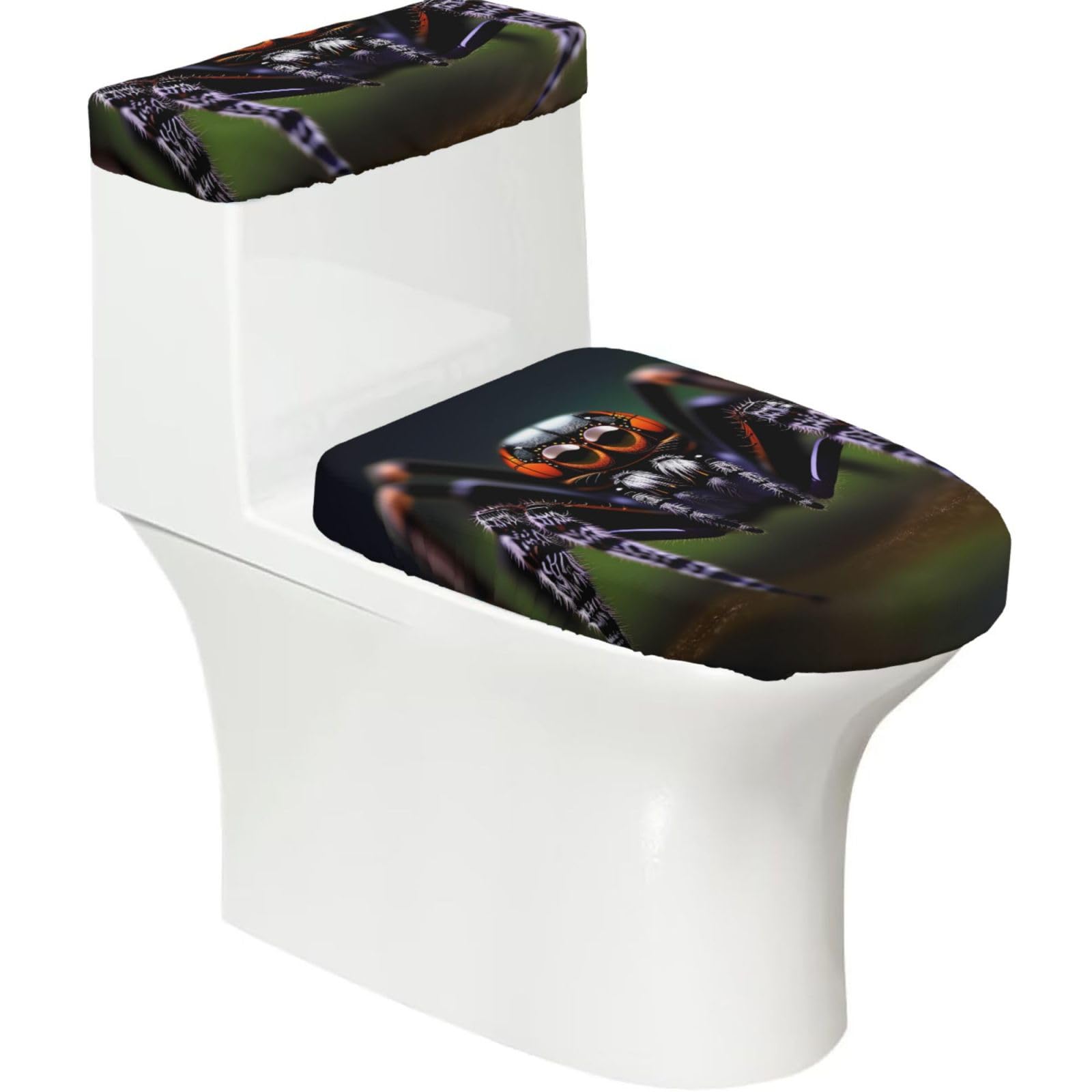 Tropical Rainforest Spiders Elastic Toilet Cover Set of 2-Stretchy Lid and Tank Covers for Bathroom, Soft Washable U Shape Toilet Decor