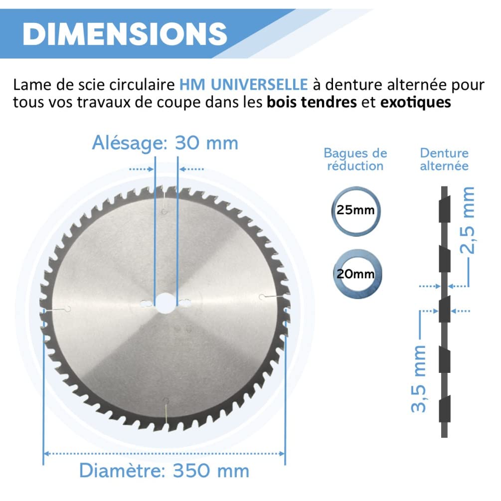 Lama per sega circolare 350 x 30 x 3,5/2,5 mm - 54 denti TCT alternati per legno - Diamwood