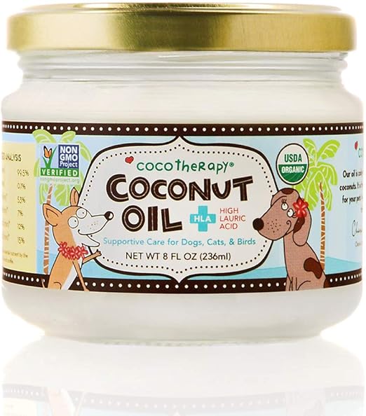 CocoTherapy Organic Virgin Coconut Oil, 8 Ounces, Natural Supplement for Dog Skin Coat Digestion and Immunity