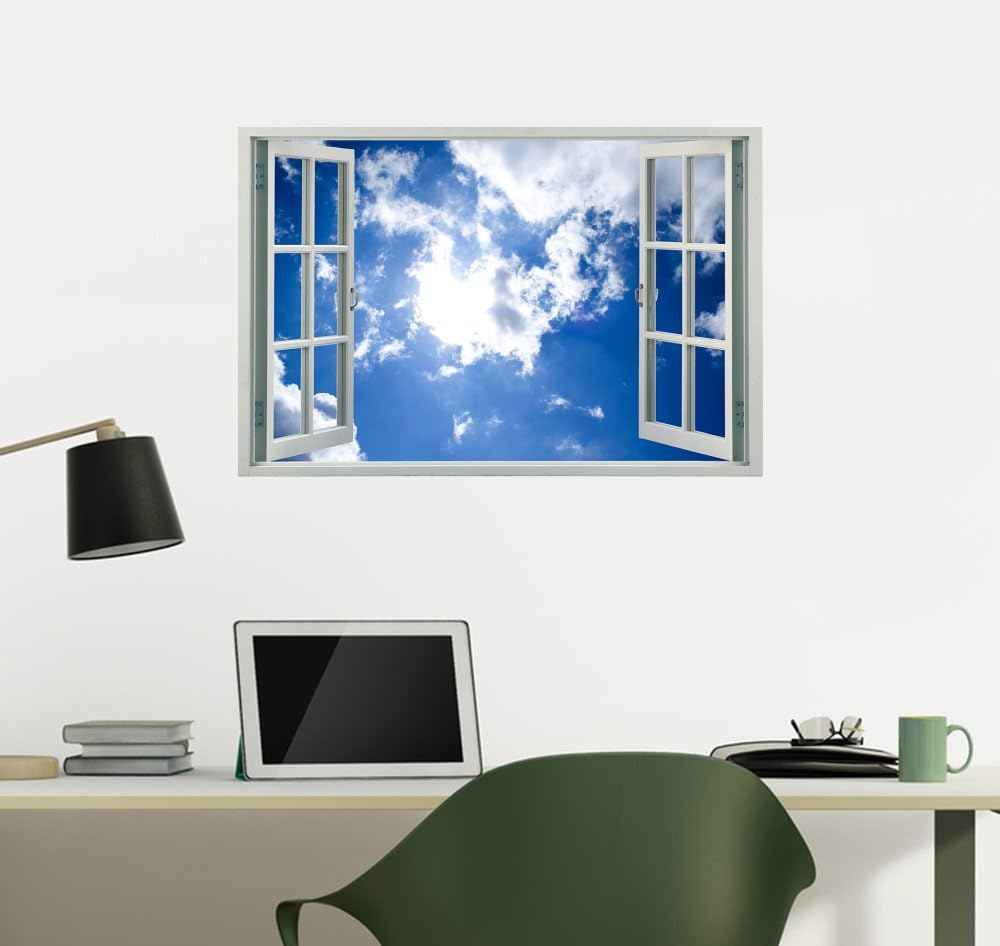 Peel and Stick Faux Window Wall Decal Bright Blue Sky with Clouds (24 in x 16 in)