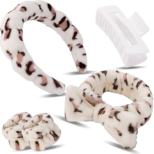 Canitor Spa Headband Wrist Bands with Hair Clips Leopard Print Makeup Skincare for Washing Face Skin Care Preppy Teen Girl Gifts Cute Trendy Stuff Hair Accessories for Women