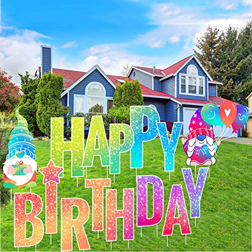 wishing 15 Packs Happy Birthday YardSign with Stakes, Perfect Outdoor Lawn Decorations with Bright & Colorful Letters Made of Thick Weatherproof Corrugated Board