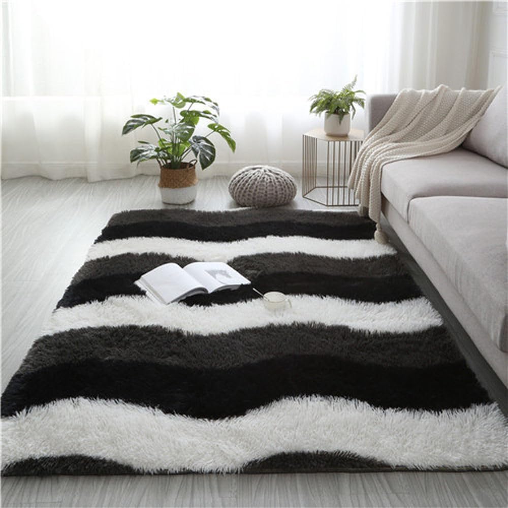 Fluffy Shag Bedroom Rug Area Rugs for Living Room Fuzzy Plush Dorm Rug Furry Carpet for Indoor Modern Soft Home Decor,White and Black,200cm x 250cm