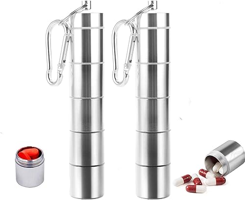 Miniatura 1 de Floor88 - Paquete de 2 pastilleros portátiles, 5 compartimentos, pastillero de aleación de aluminio, organizador de medicamentos impermeable, mini