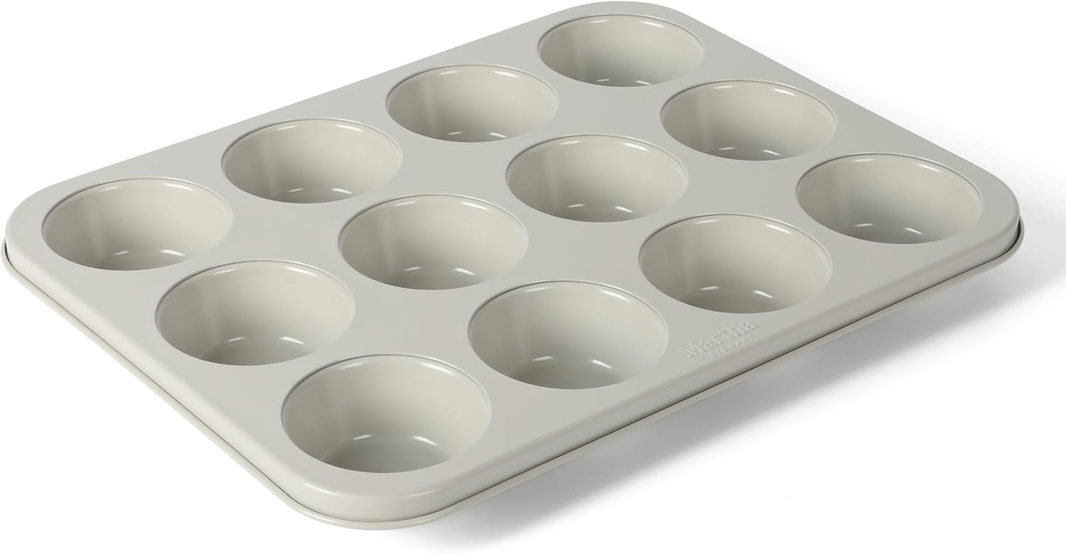 Martha Stewart Gallen 12-Cup Nonstick Carbon Steel Muffin and Cupcake Pan – Cool Grey, Durable Bakeware for Even Baking and Easy Release