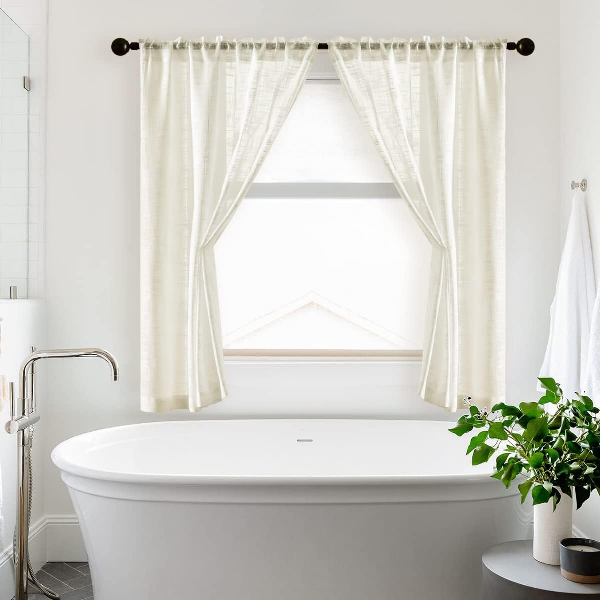 SHINELAND 48 Inch Short Linen Sheer Curtains for Windows, Farmhouse Open Weave Rod Pocket Drapes for Kitchen Bedroom Small Window, 36'' W x 48'' Length 2 Panels Set, Cream Off White
