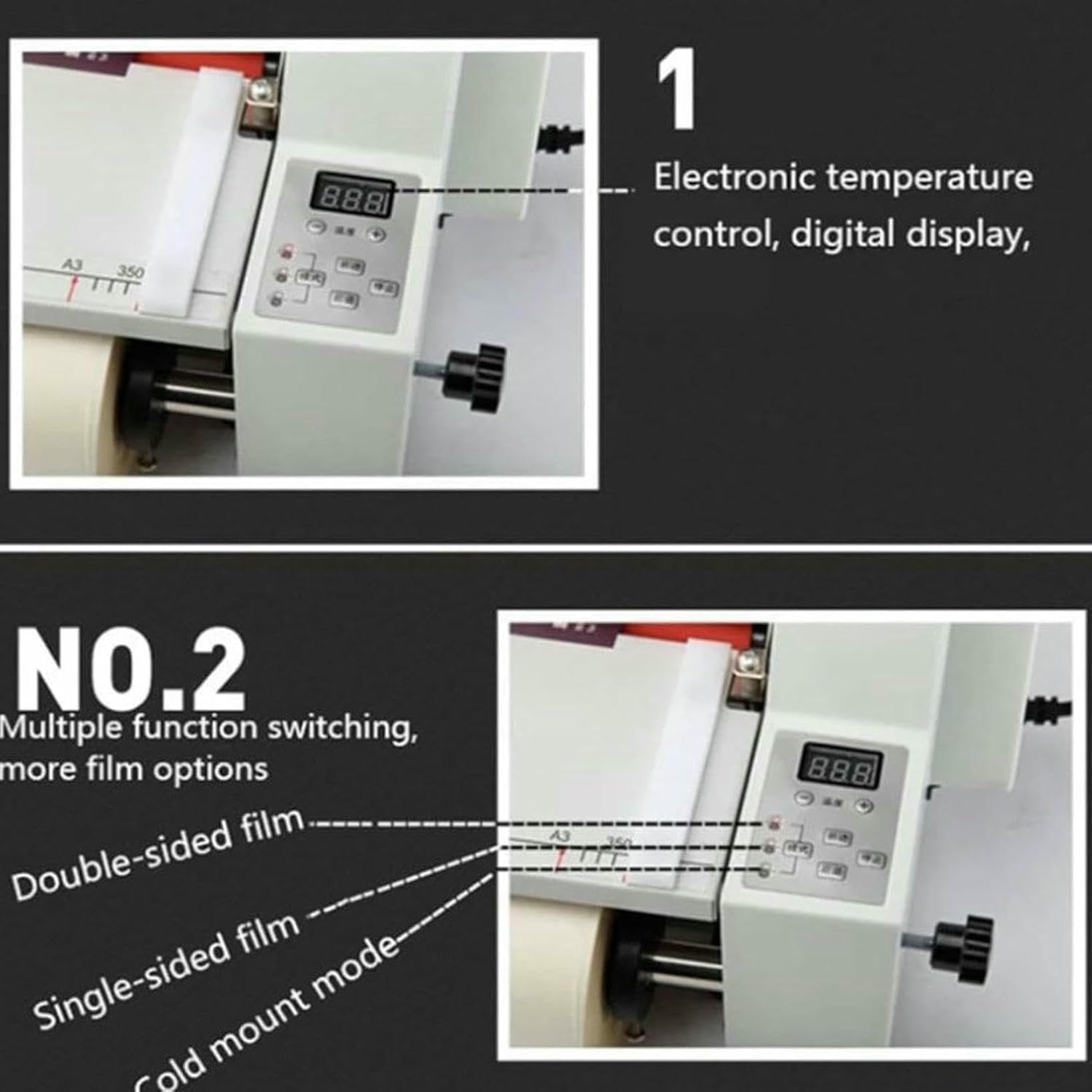 Macchina Laminatrice Doppia A4 con 2 Rulli di Pellicola, Fogli Laminanti Termici a Caldo e a Freddo Larghezza 220mm, Velocità Regolabile 0,3~3M/min, 0~180°C, Spessore 0,1~5Mm per Ufficio e Scuola