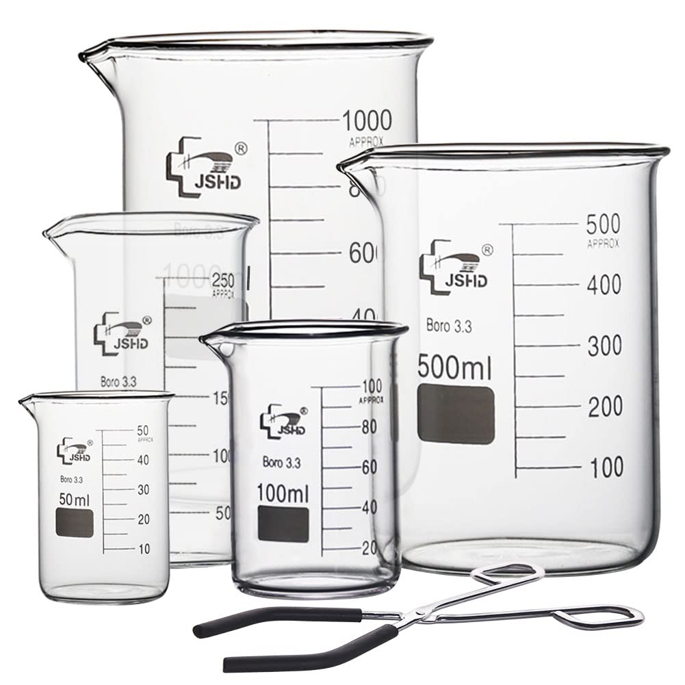 Juego de 6 vasos de medición de vidrio con pinzas de acero cromadas, 50 ml, 100 ml, 250 ml, 500 ml, 1000 ml, vidrio de borosilicato 3.3