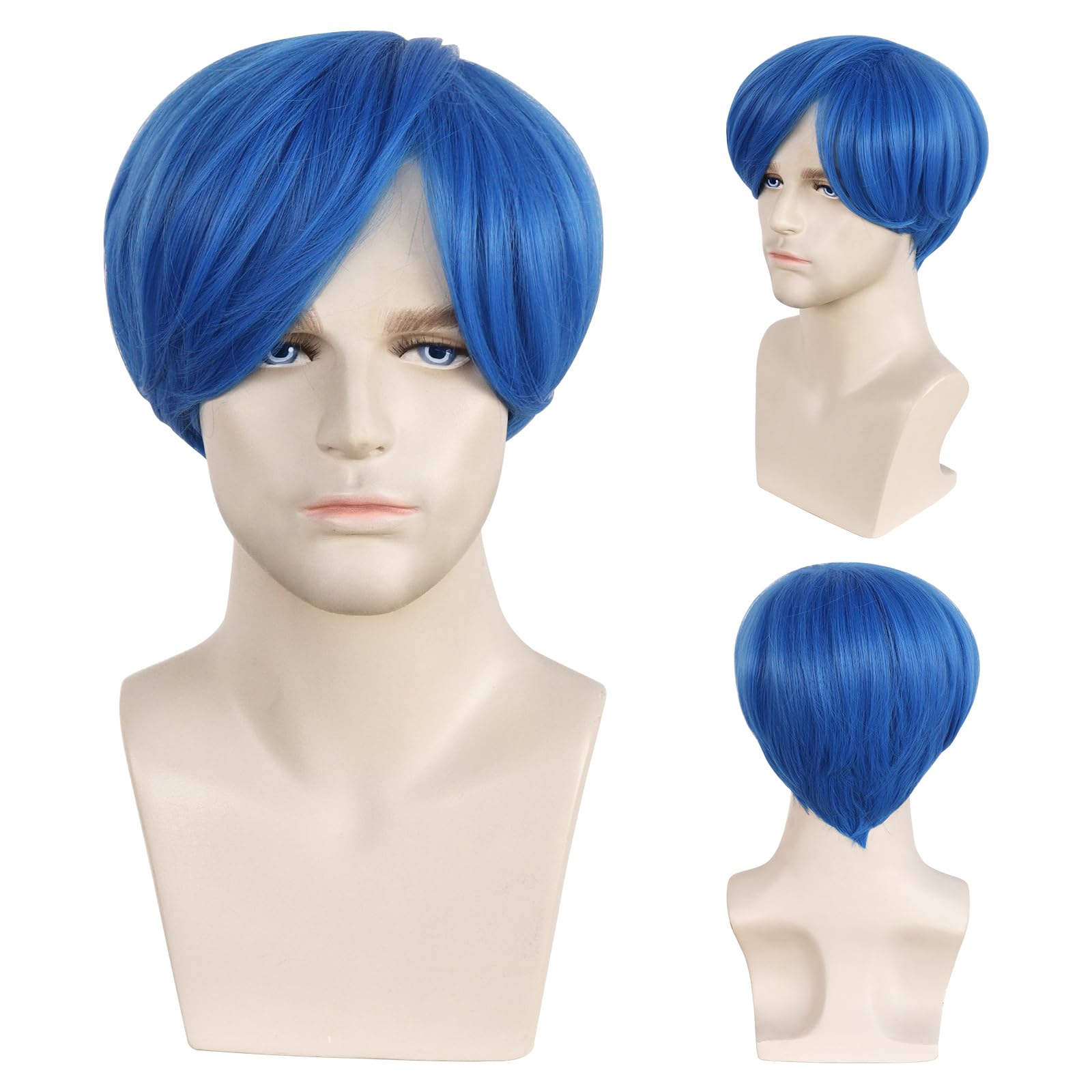 IEBIYO Mens Blue Wig Joy Short Blue Cosplay Wig Boys Blue Anime Heat Resistant Hair for Halloween Party Costume
