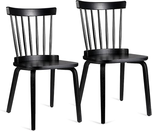 Juego de 2 sillas de comedor de madera con respaldo de eje de granja, asiento ancho, estilo rústico moderno de mediados de siglo, color negro