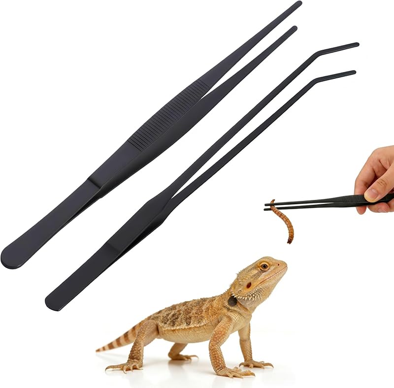 Juego de 2 pinzas de acuario largas de acero inoxidable, pinzas de alimentación rectas y curvas para reptiles, plantas acuáticas, accesorios protectores para dedos, serpientes, lagartos, arañas