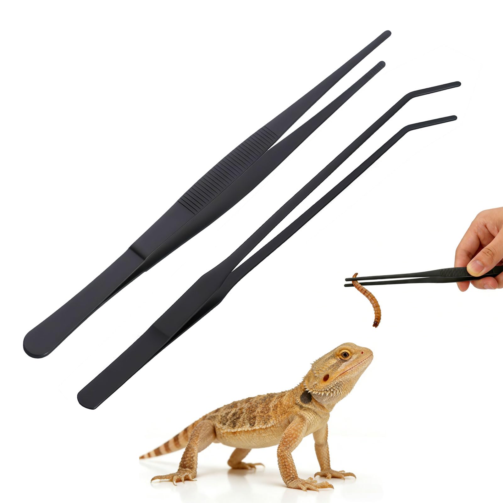 Juego de 2 pinzas de acuario largas de acero inoxidable, pinzas de alimentación rectas y curvas para reptiles, plantas acuáticas, accesorios protectores para dedos, serpientes, lagartos, arañas