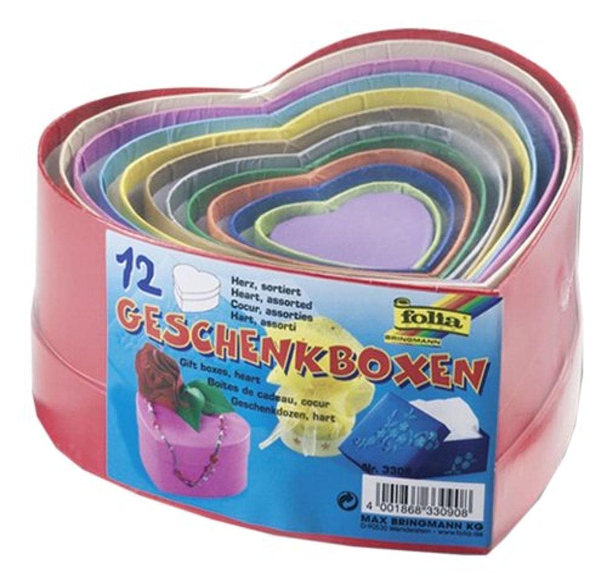 Folia 3309 pudełka prezentowe, karton, w kształcie serca, 12 sztuk, różne rozmiary i kolory