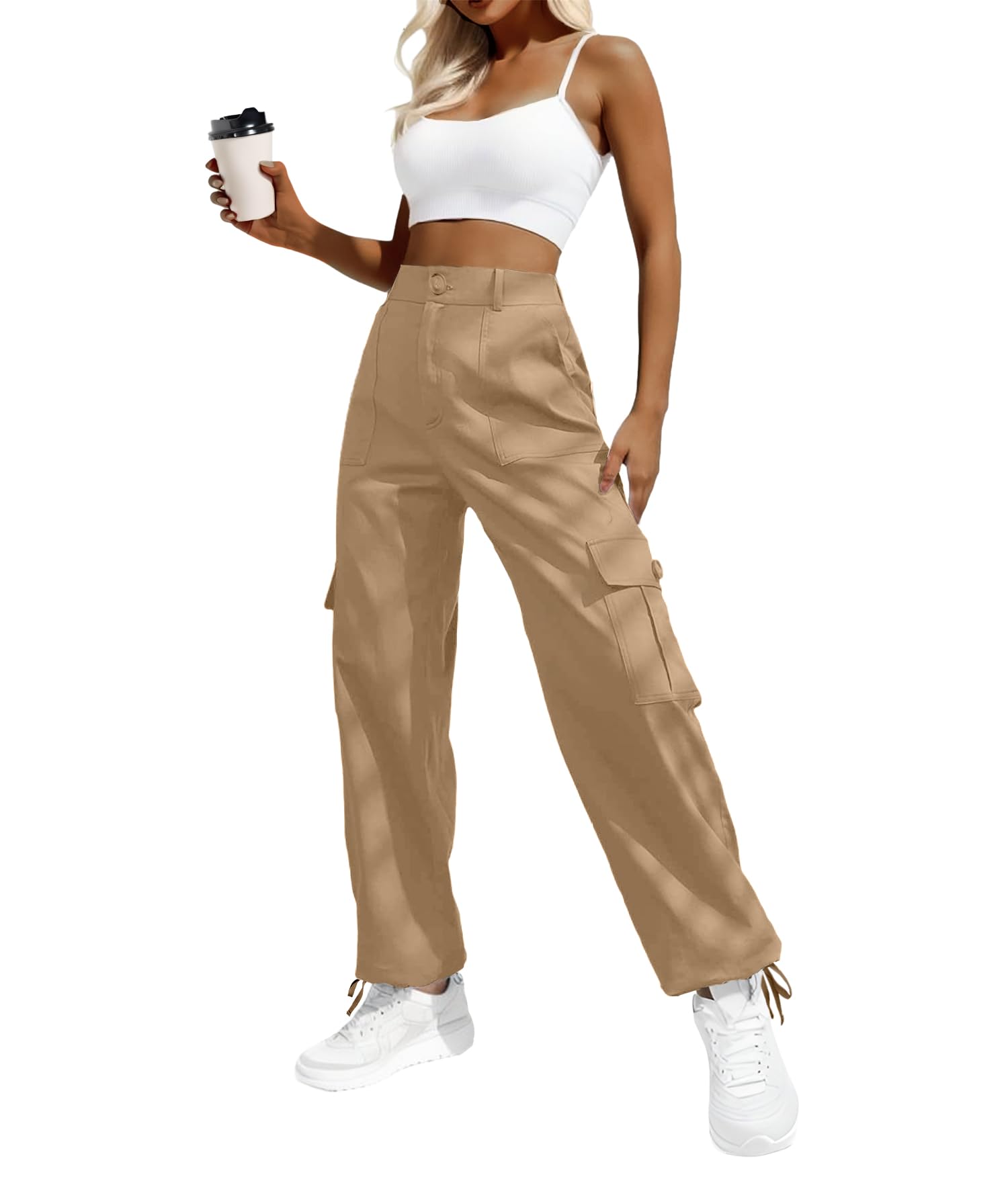 Lepunuo Women's High Waisted Cargo Pants Travel Y2K Streetwear Baggy Stretchy Pants with 6 Pockets Drawstring Ankle Cuffs