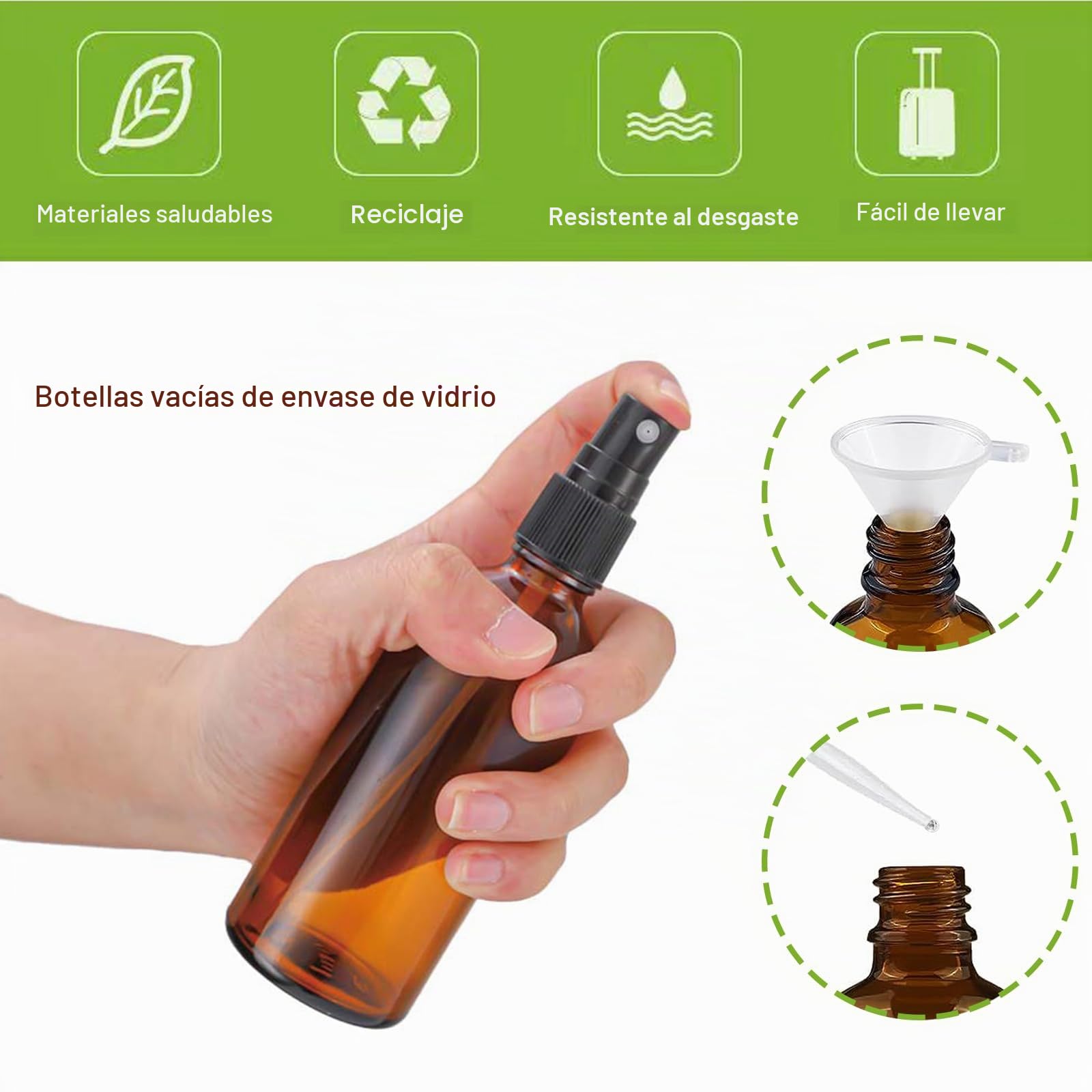 Nutabevr 4 piezas Botellas de spray de vidrio ámbar vacías, 2x100ml + 2x50ml Botella Spray Pulverizador Portátil, Spray Bottle con Embudo y Cuentagotas, para Aceite Esencial,Aromaterapia,Perfume