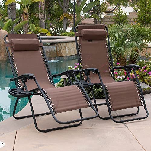 Belleze Padded Zero Gravity Lounge Chair Patio Foldable Adjustable Reclining W/Cup Holder For Outdoor Yard Porch, Brown #TOP6