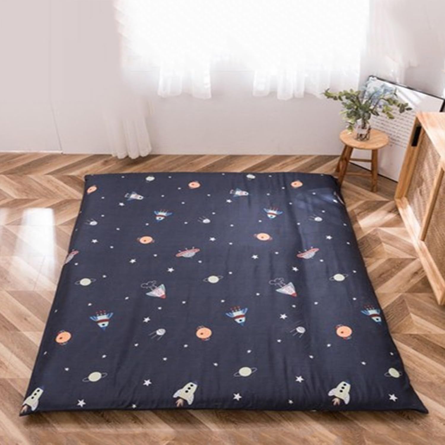Futon Floor Mattress Cover with Zipper,100% Cotton Cover for Traditional Shikibuton Futon Mattress Protective Cover,Soft Machine Washable,Planet,Queen/150x200cm