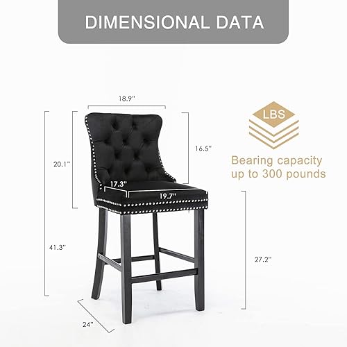 Miniatura 2 de Virabit Juego de 2 taburetes de bar tapizados de terciopelo de 27 pulgadas con botón y decoración de cabeza de clavos, sillas de bar con respaldo y