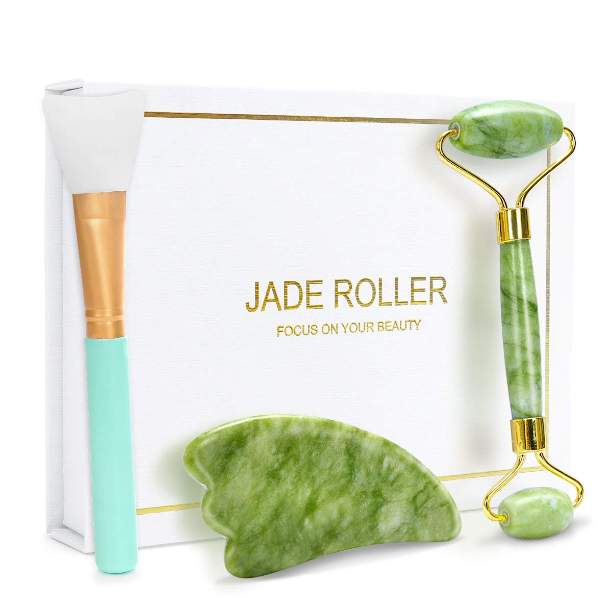 Jade Roller and Gua Sha Set - Gua Sha Stone,Gua Sha Massage Tool for Skin Care Jade Stone with Anti Aging Facial Roller Natural Green Massager (Green b)