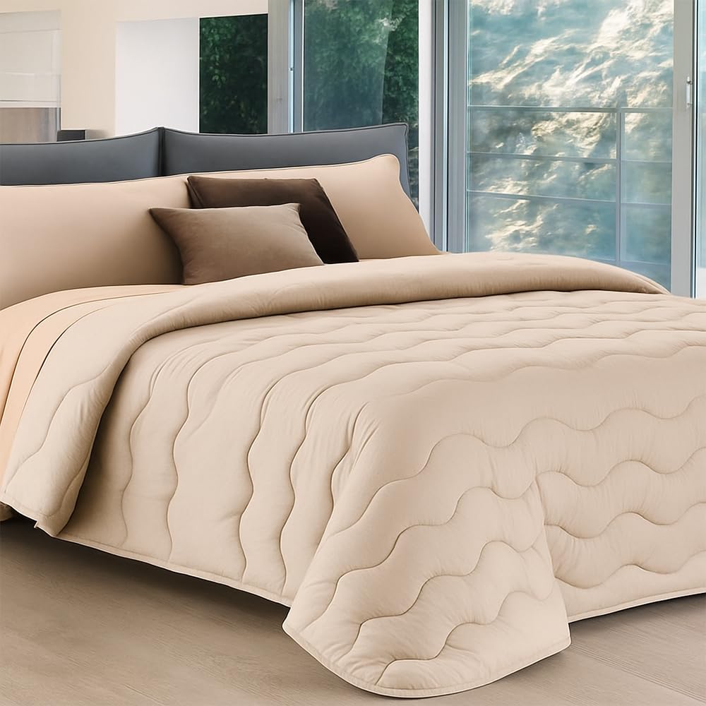 Vionara Home Trapunta Invernale in Microfibra, Tinta Unita Double Face, Imbottitura 300 gr, Piumone Morbido e Avvolgente, Made in Italy (Beige, Matrimoniale)