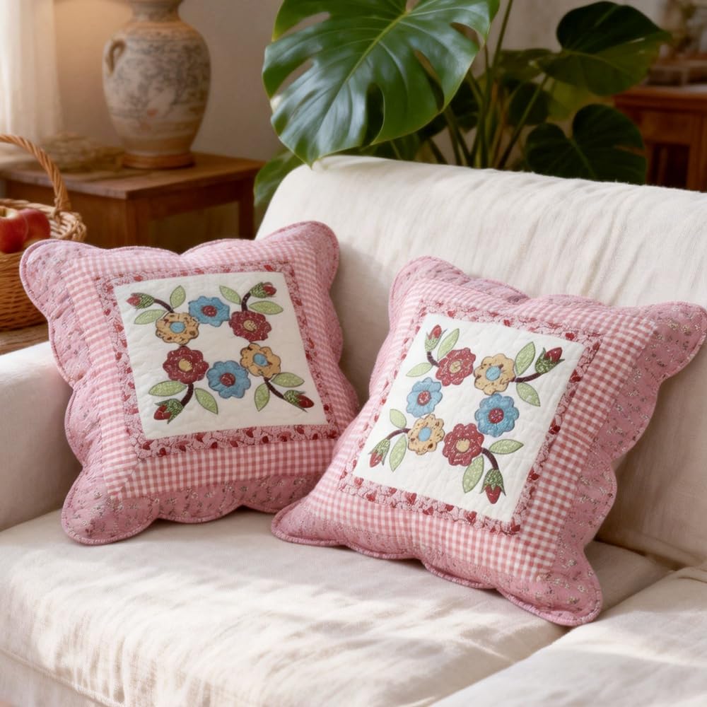 QIFONIX Vintage Patchwork Decorative Throw Pillow Cover, Floral Quilted Design with Pink Gingham Pattern, Scalloped Edge (Red,18" x 18" (Pack of 2))