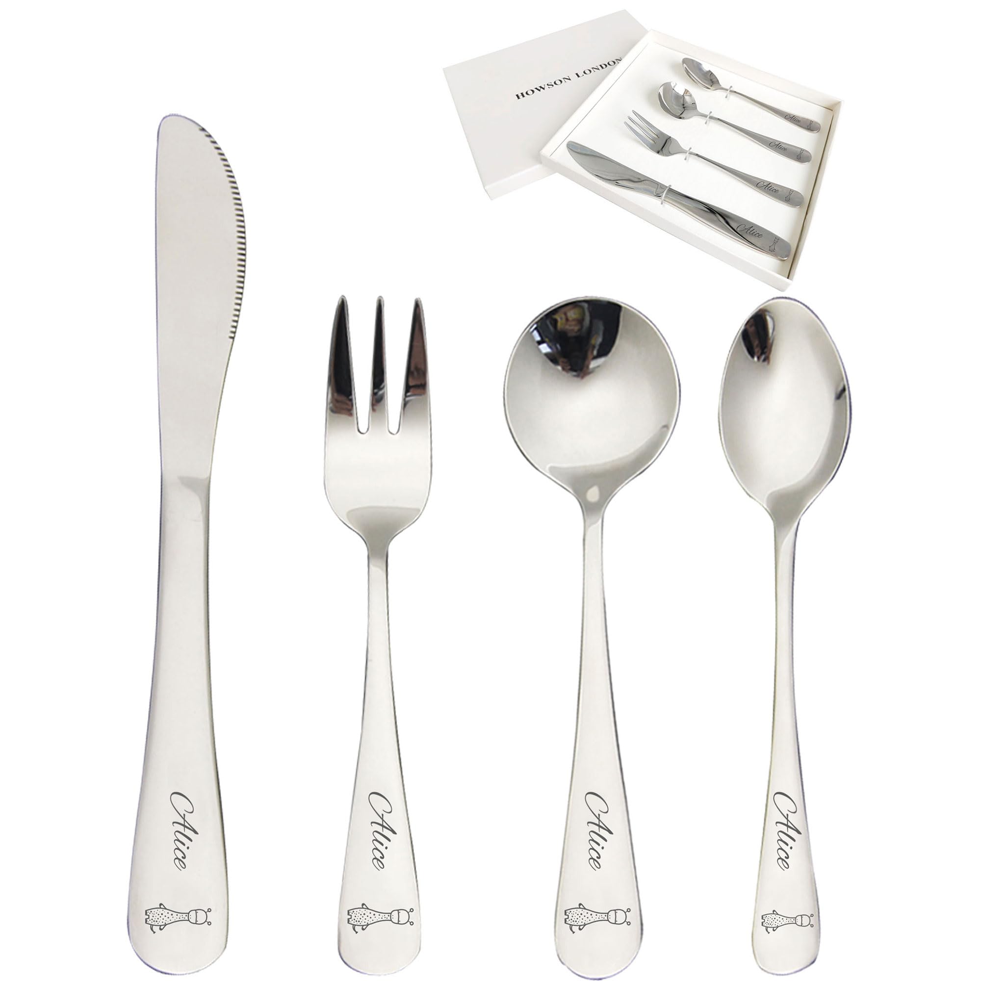 Personalised Cutlery Set for Children Christening Gift for Boy Girls Knife Fork Spoon 4pcs Stainless Steel for Kids Toddler Cutlery Set Gifts in Gift Box Engraved Monkey Lion Giraffe Image 07