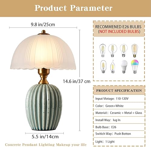 Miniatura 5 de Vintage Table Lamp, Green Ceramic Chinoiserie Lamp 14.6" Frosted White Wave-Edge Lampshade Traditional Mushroom Light Retro for Bedside Nightstand