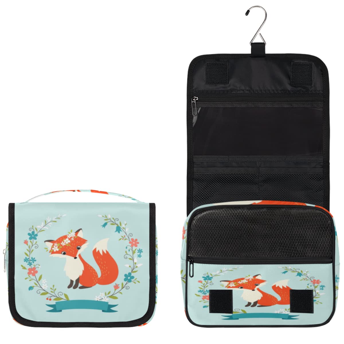 Kulturbeutel mit Fuchs-Blumen-Motiv, Unisex, hängende Toilettenartikel, Kosmetik, Make-up-Organizer
