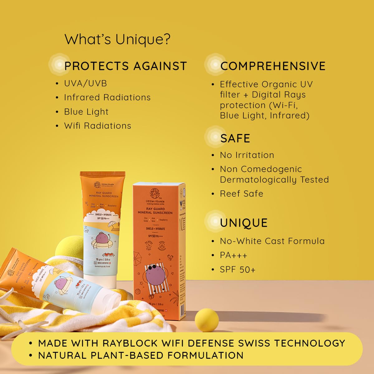 Little Rituals Mineral Baby & Kids SUNSCREEN Lotion Daily Use for Baby & Kids (0-15 years), SPF 50 PA+++ I No White Cast I UVA/UVB/IR + DIGITAL Wi-Fi & Bluelight Protection| Hypoallergenic| SWISS Technology | 75 gm 2