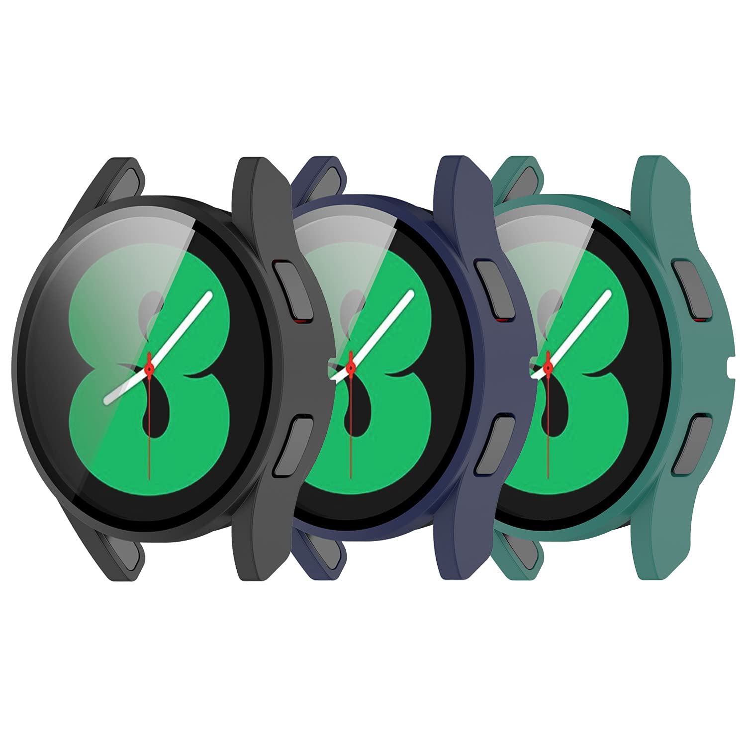 [3 pack] case compatible with samsung galaxy watch 4 40mm 44mm, case with screen protector [tempered glass] full around hard pc protective case (44mm, black&green&blue)