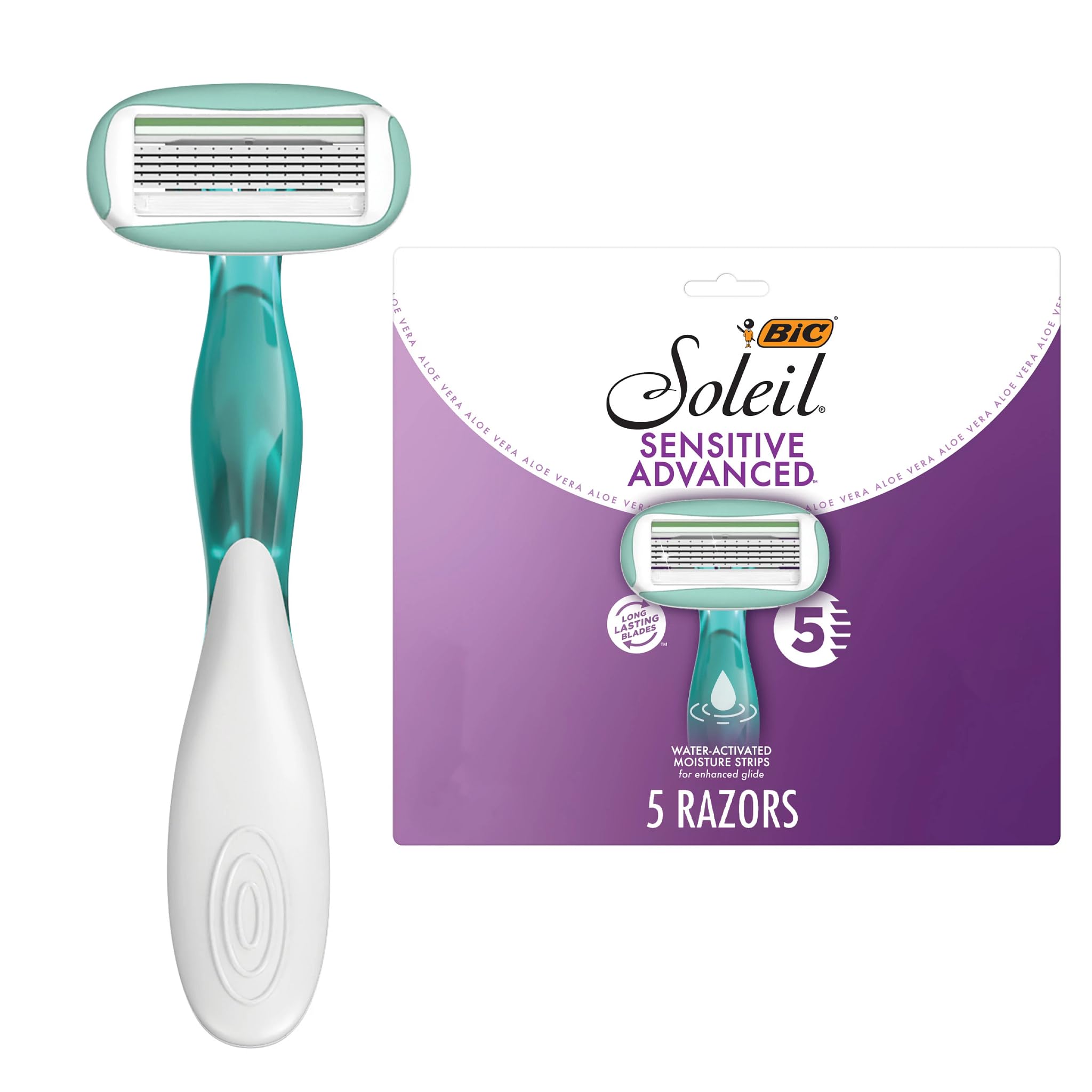BIC Soleil 5 Sensitive Women's Disposable 5 Blade Razors, 360 Degree Moisture Strips and Pivoting Head, 5-Pack